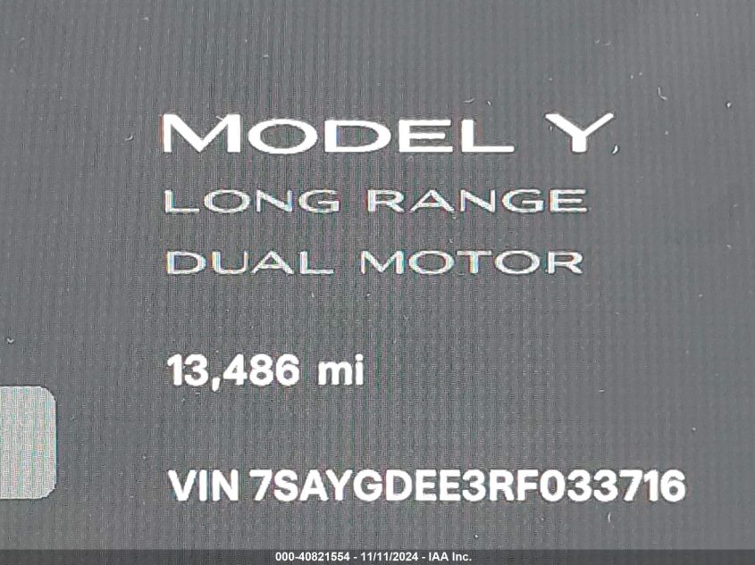 2024 Tesla Model Y Long Range Dual Motor All-Wheel Drive VIN: 7SAYGDEE3RF033716 Lot: 40821554