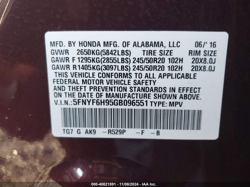 2016 Honda Pilot Touring VIN: 5FNYF6H95GB096551 Lot: 40821591