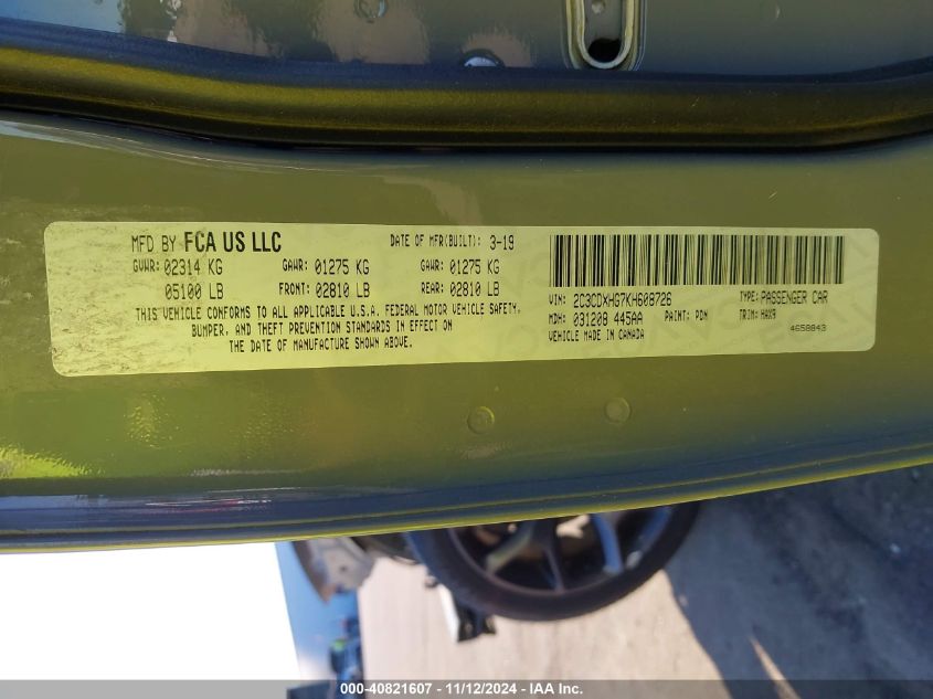 VIN 2C3CDXHG7KH608726 2019 DODGE CHARGER GT RWD