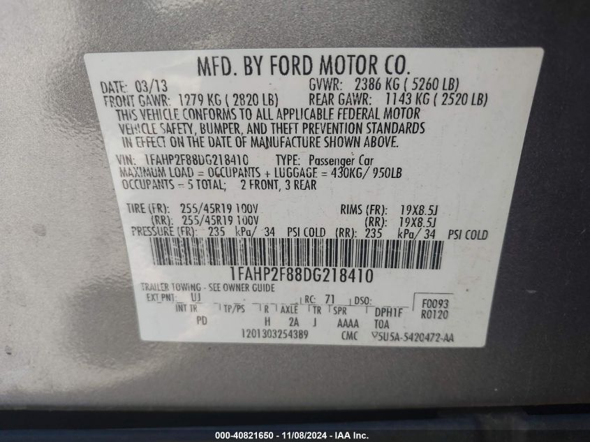 2013 Ford Taurus Limited VIN: 1FAHP2F88DG218410 Lot: 40821650