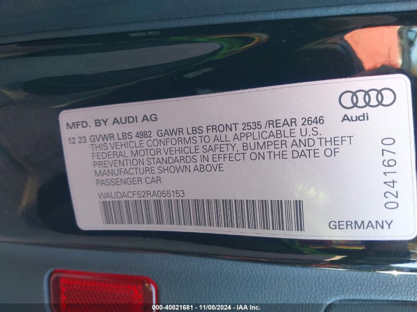 2024 Audi A5 Sportback Premium 45 Tfsi S Line Quattro S Tronic VIN: WAUDACF52RA055153 Lot: 40821681