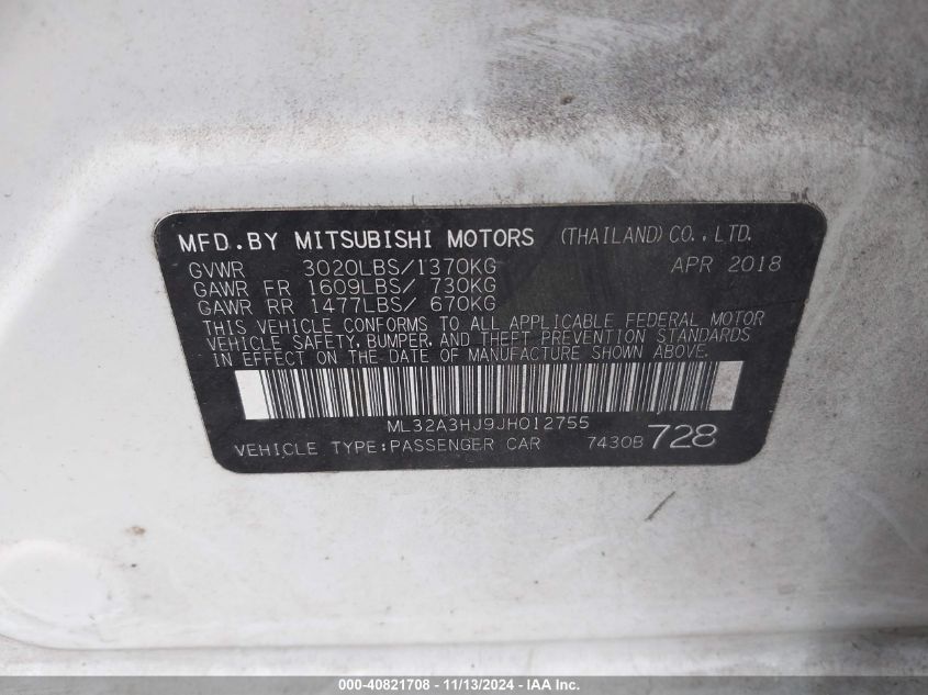 2018 Mitsubishi Mirage Es VIN: ML32A3HJ9JH012755 Lot: 40821708