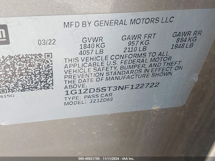 2022 CHEVROLET MALIBU FWD LT - 1G1ZD5ST3NF122722