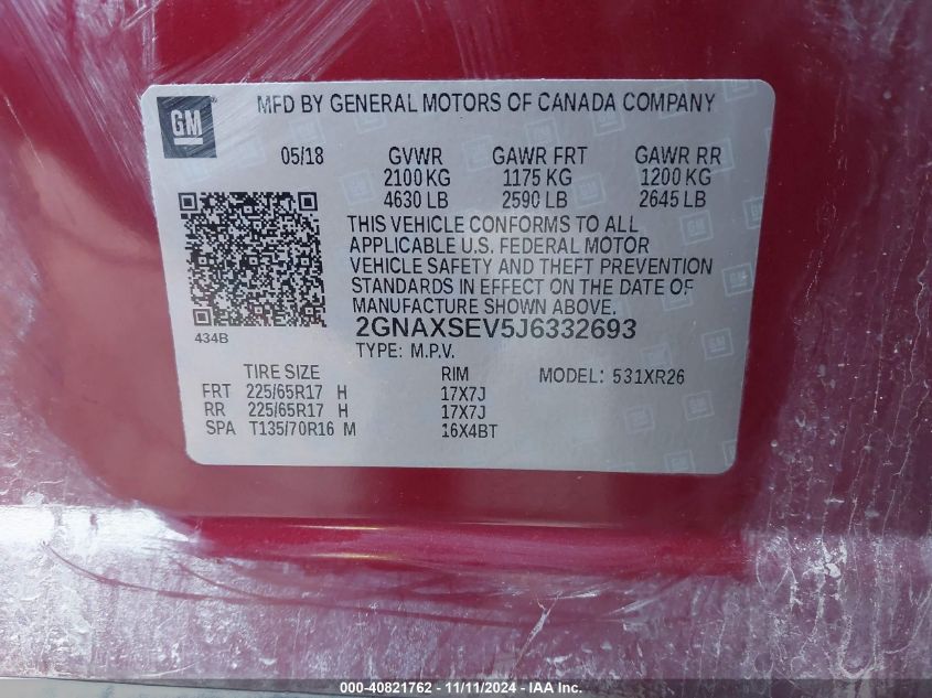 2018 CHEVROLET EQUINOX VIN: 2GNAXSEV5J6332693