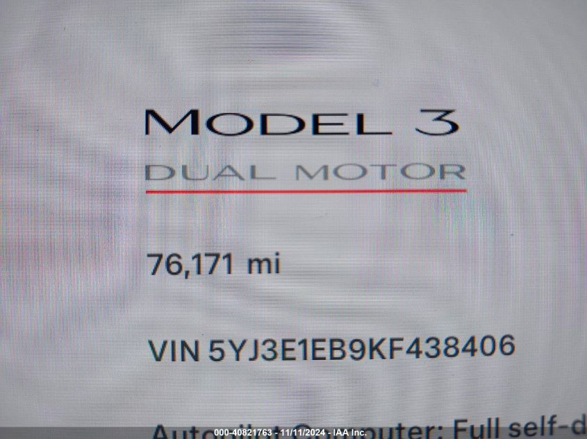 2019 Tesla Model 3 Long Range/Performance VIN: 5YJ3E1EB9KF438406 Lot: 40821763