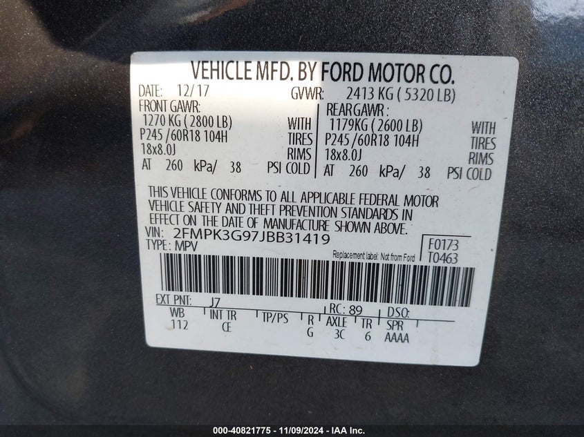 VIN 2FMPK3G97JBB31419 2018 FORD EDGE SE
