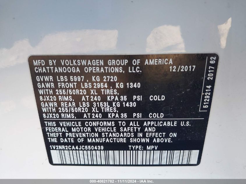 2018 Volkswagen Atlas 3.6L V6 Sel Premium VIN: 1V2NR2CA4JC550439 Lot: 40821782