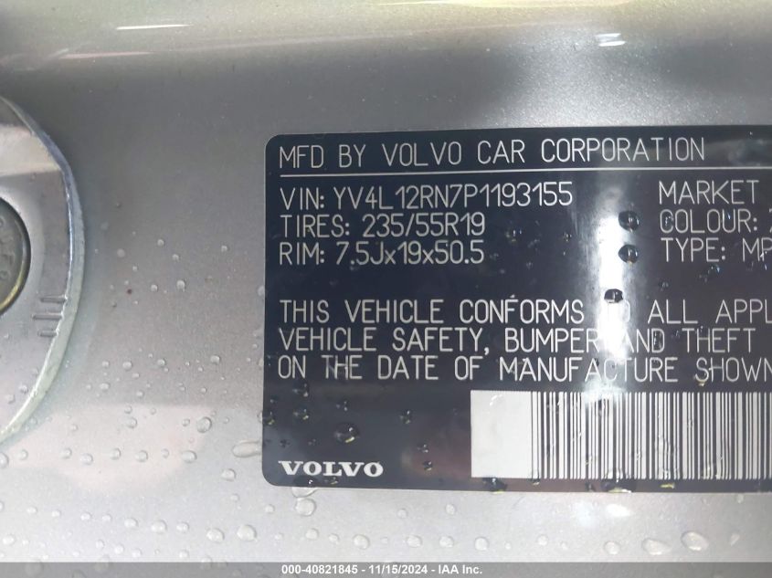 2023 Volvo Xc60 B5 Plus Bright Theme VIN: YV4L12RN7P1193155 Lot: 40821845