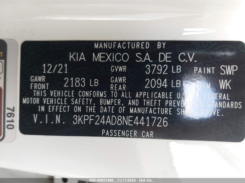 2022 Kia Forte Lxs VIN: 3KPF24AD8NE441726 Lot: 40821890