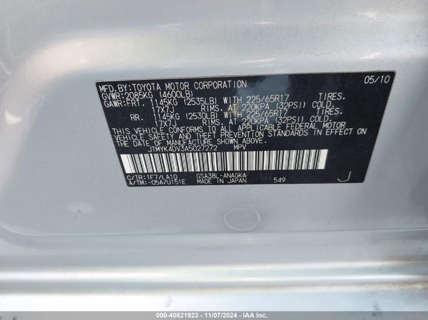 2010 Toyota Rav4 Limited V6 VIN: JTMYK4DV3A5027272 Lot: 40821923