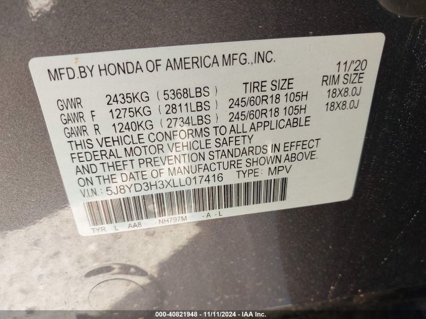 2020 Acura Mdx Standard VIN: 5J8YD3H3XLL01741 Lot: 40821948