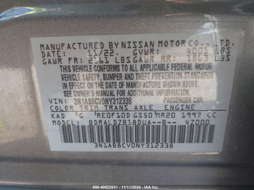 2022 Nissan Sentra Sv Xtronic Cvt VIN: 3N1AB8CV0NY312338 Lot: 40822031