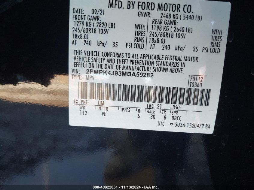 2021 Ford Edge Sel VIN: 2FMPK4J93MBA59282 Lot: 40822051