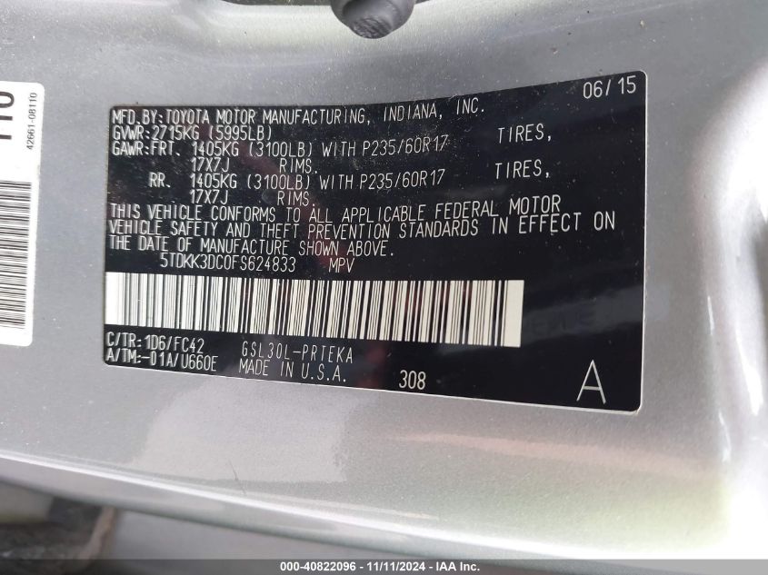 VIN 5TDKK3DC0FS624833 2015 Toyota Sienna, Le 8 Pass... no.9