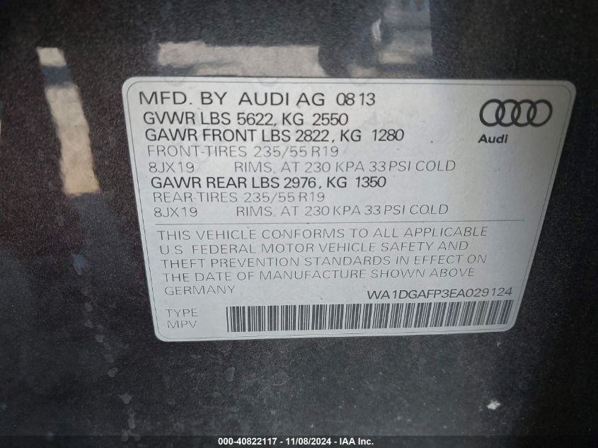 2014 Audi Q5 3.0T Premium Plus VIN: WA1DGAFP3EA029124 Lot: 40822117