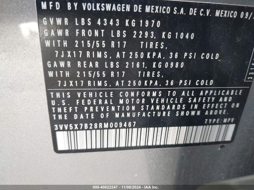 2024 Volkswagen Taos 1.5T S VIN: 3VV5X7B28RM009467 Lot: 40822247