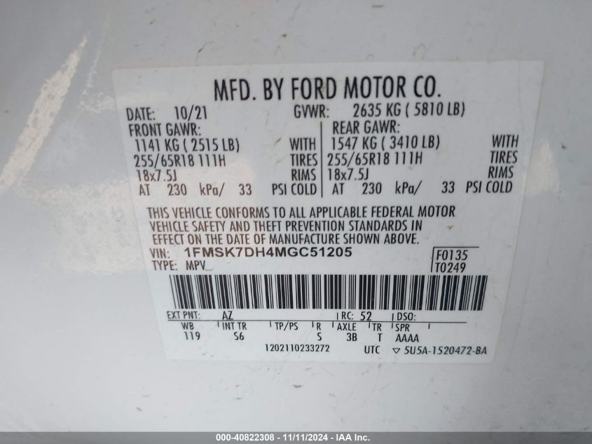 VIN 1FMSK7DH4MGC51205 2021 FORD EXPLORER no.9