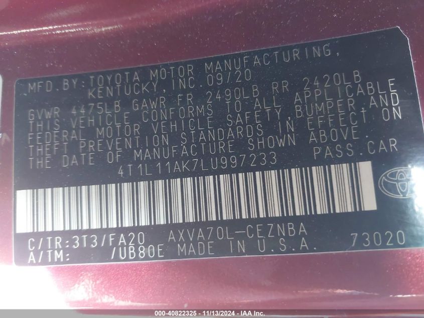 2020 TOYOTA CAMRY VIN: 4T1L11AK7LU997233