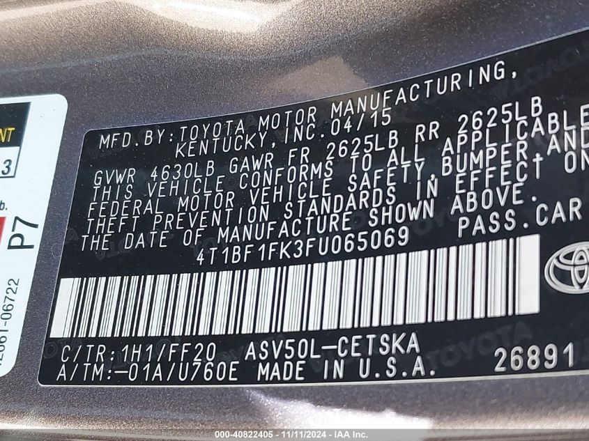 VIN 4T1BF1FK3FU065069 2015 Toyota Camry, SE no.9