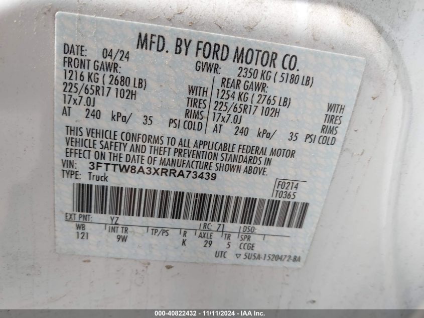 2024 FORD MAVERICK VIN: 3FTTW8A3XRRA73439