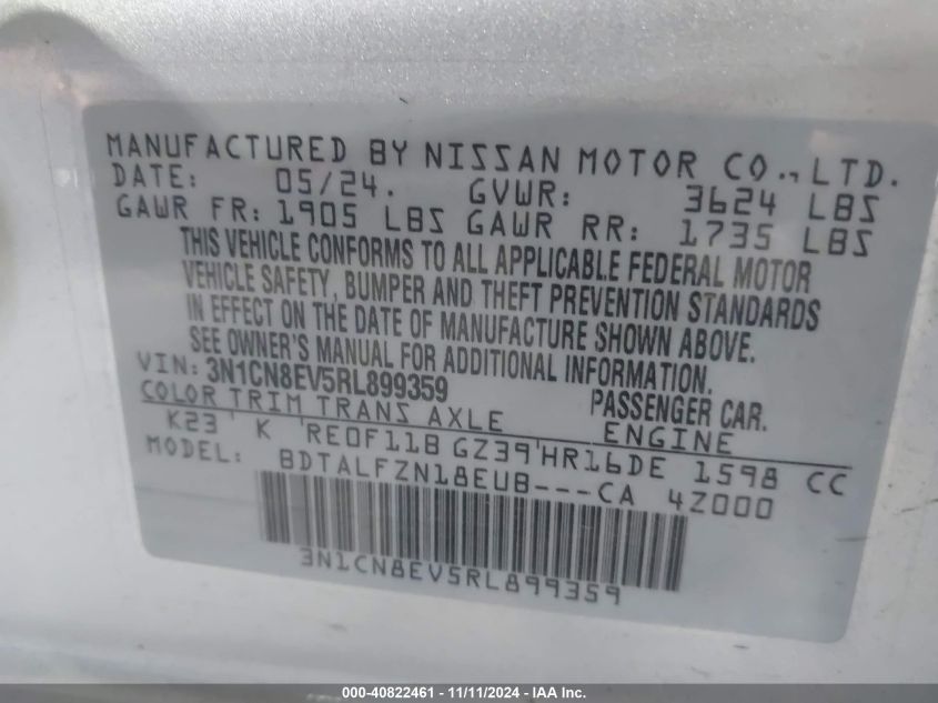 2024 Nissan Versa 1.6 Sv VIN: 3N1CN8EV5RL899359 Lot: 40822461