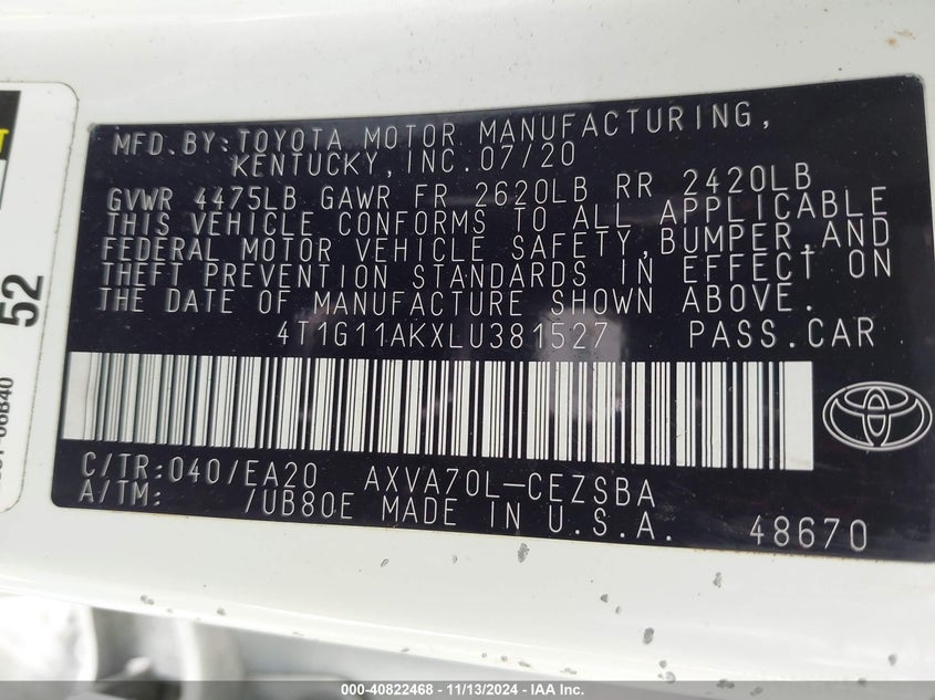 2020 TOYOTA CAMRY SE - 4T1G11AKXLU381527