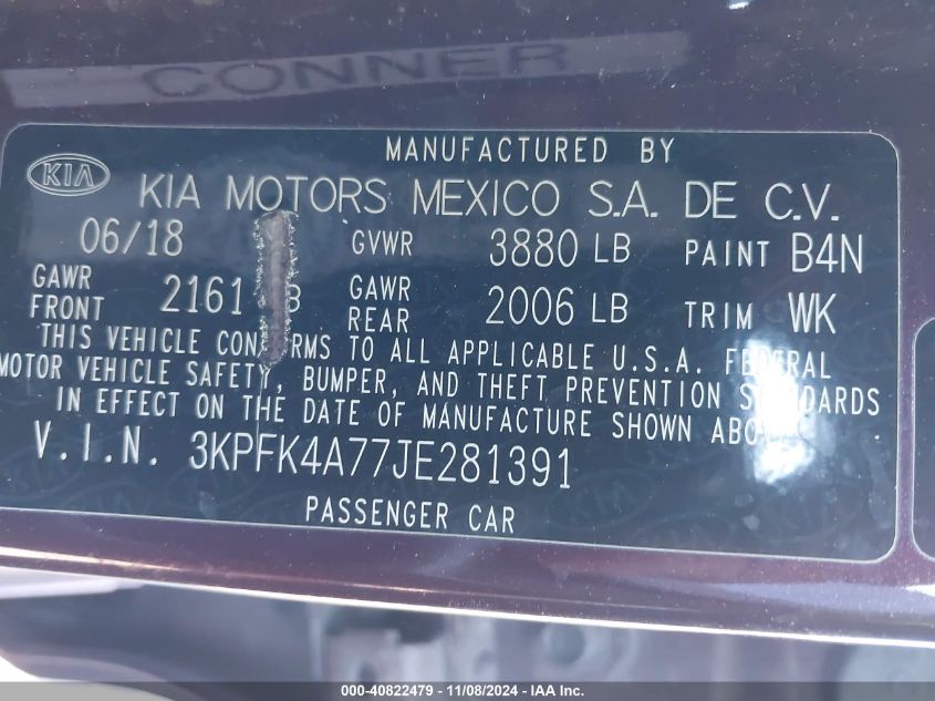 2018 Kia Forte Lx VIN: 3KPFK4A77JE281391 Lot: 40822479