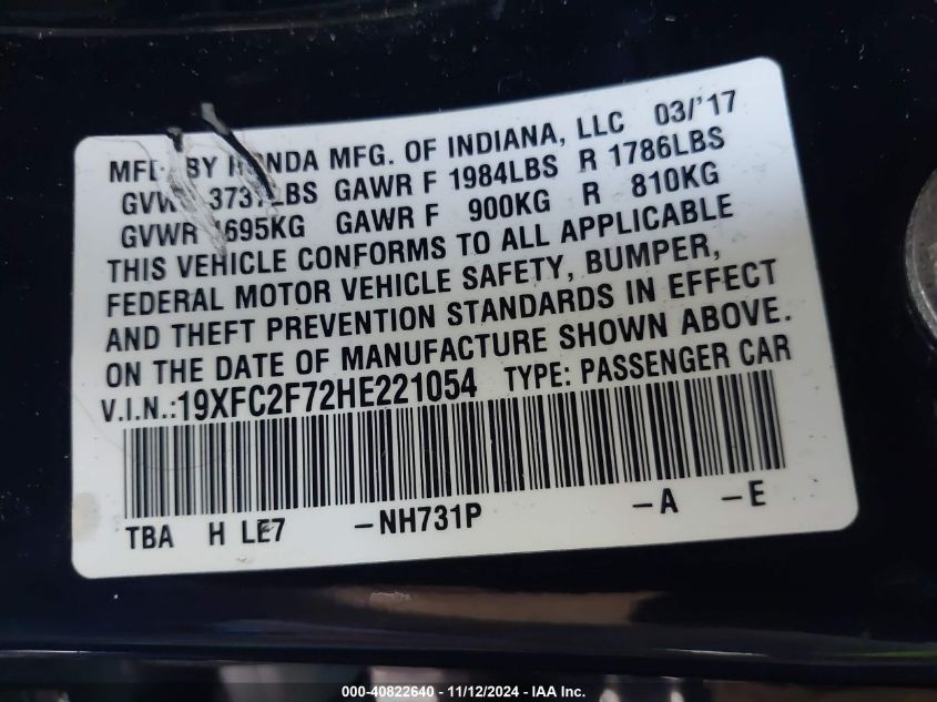 2017 Honda Civic Ex VIN: 19XFC2F72HE221054 Lot: 40822640