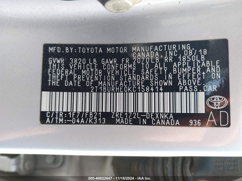 VIN 2T1BURHE0KC158414 2019 TOYOTA COROLLA LE