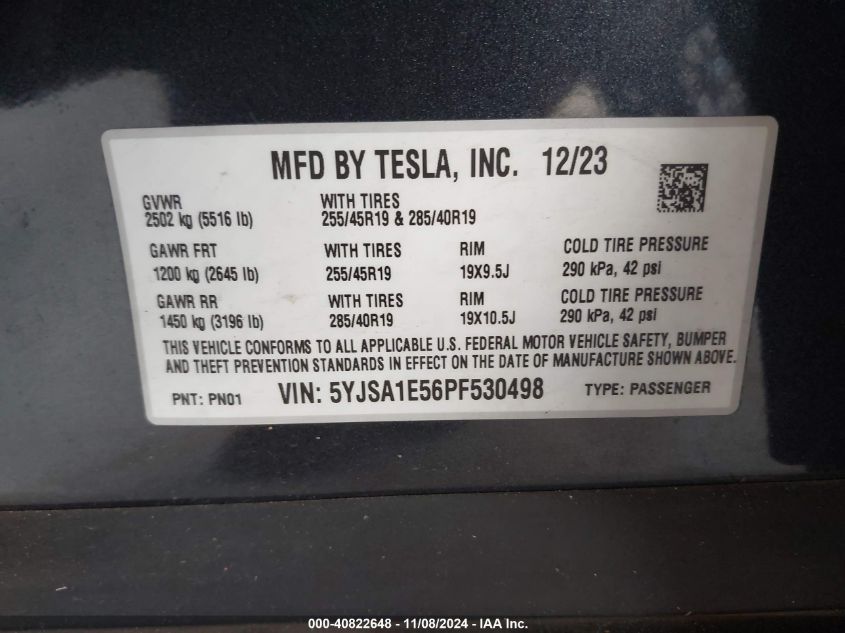 2023 Tesla Model S Dual Motor All-Wheel Drive/Standard Range VIN: 5YJSA1E56PF530498 Lot: 40822648