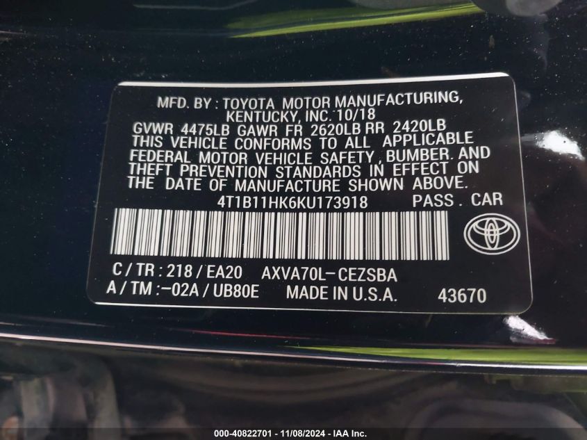 2019 Toyota Camry Se VIN: 4T1B11HK6KU173918 Lot: 40822701