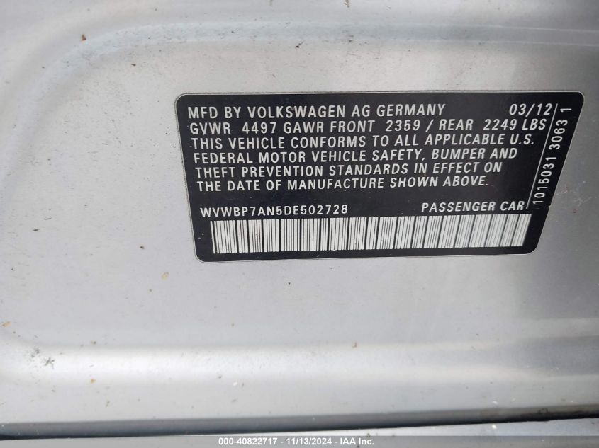 2013 VOLKSWAGEN CC 2.0T SPORT - WVWBP7AN5DE502728