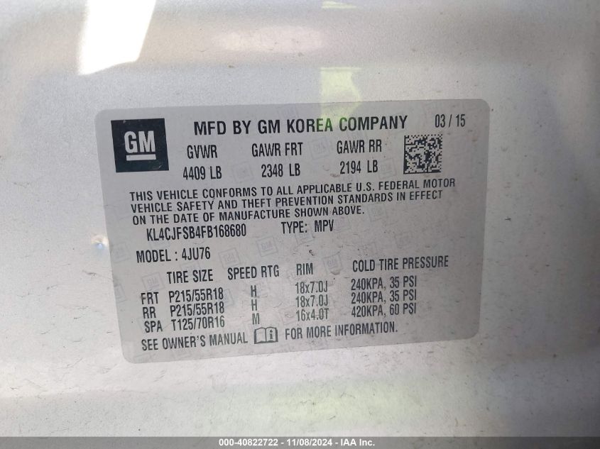 2015 Buick Encore Convenience VIN: KL4CJFSB4FB168680 Lot: 40822722