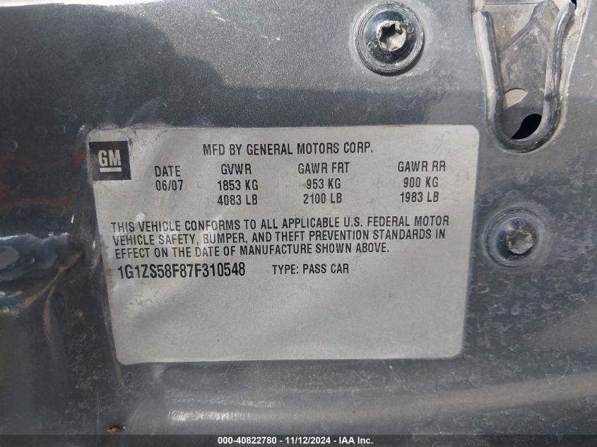 2007 CHEVROLET MALIBU VIN: 1G1ZS58F87F310548