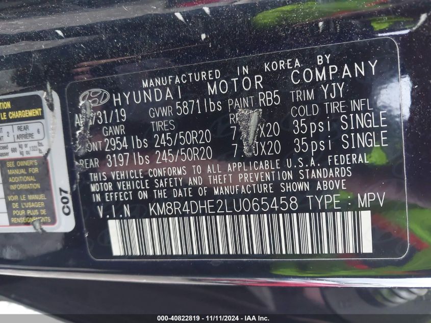 2020 Hyundai Palisade Sel VIN: KM8R4DHE2LU065458 Lot: 40822819