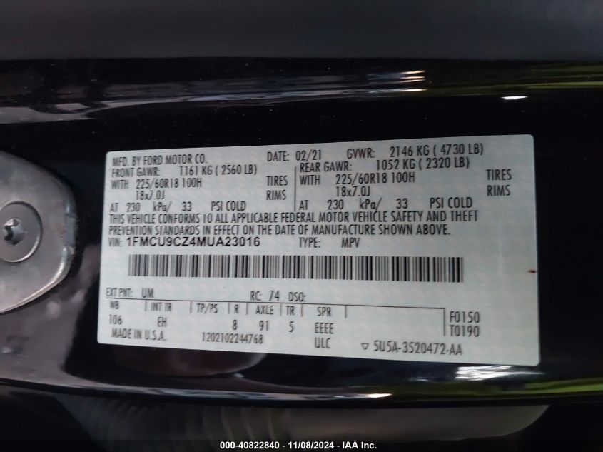 2021 Ford Escape Sel Hybrid VIN: 1FMCU9CZ4MUA23016 Lot: 40822840