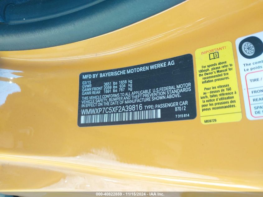 2015 MINI HARDTOP VIN: WMWXP7C5XF2A39816