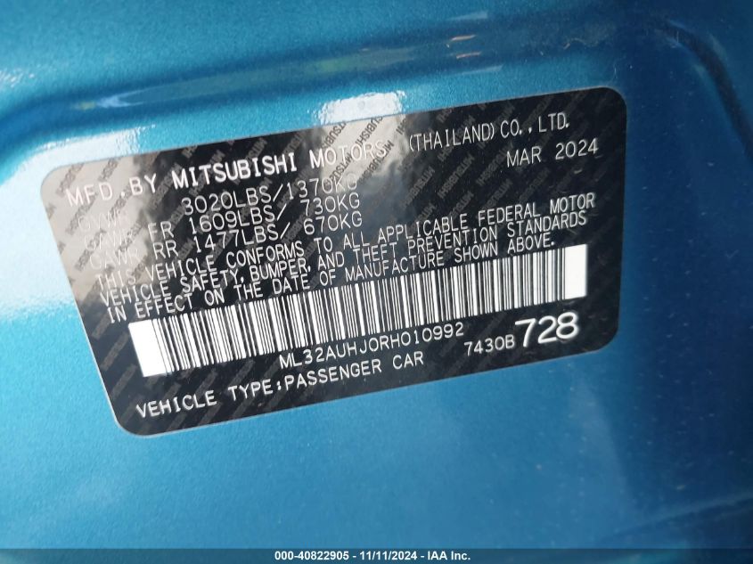 2024 Mitsubishi Mirage Es VIN: ML32AUHJ0RH010992 Lot: 40822905