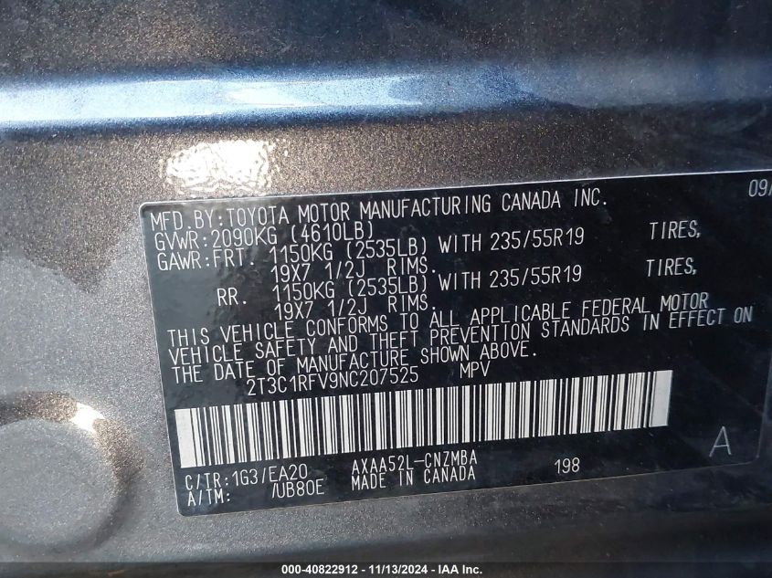 2022 TOYOTA RAV4 XLE PREMIUM VIN: 2T3C1RFV9NC207525