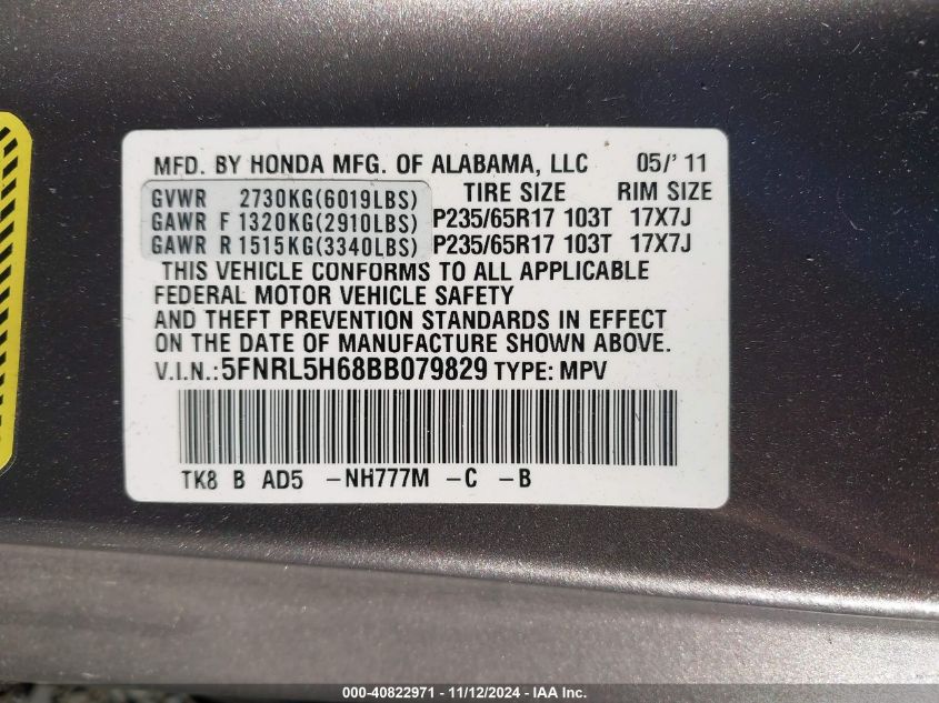 2011 Honda Odyssey Ex-L VIN: 5FNRL5H68BB079829 Lot: 40822971