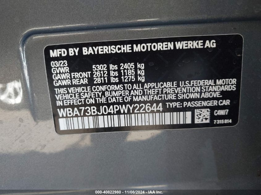 2023 BMW 540 I xDrive VIN: WBA73BJ04PWY22644 Lot: 40822980