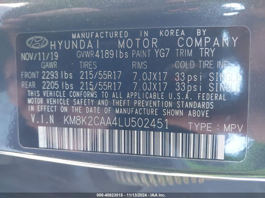 2020 Hyundai Kona Sel VIN: KM8K2CAA4LU502451 Lot: 40823015