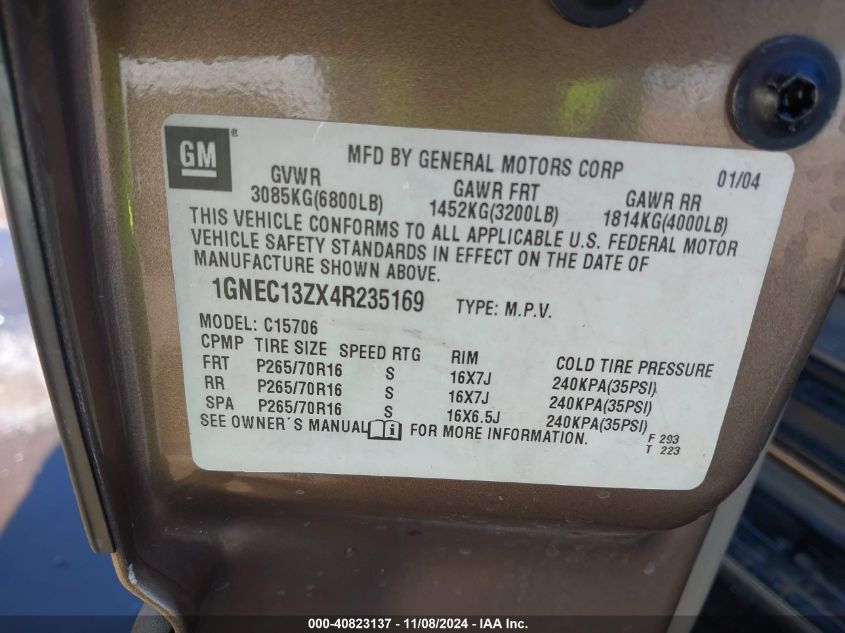 2004 Chevrolet Tahoe Ls VIN: 1GNEC13ZX4R235169 Lot: 40823137