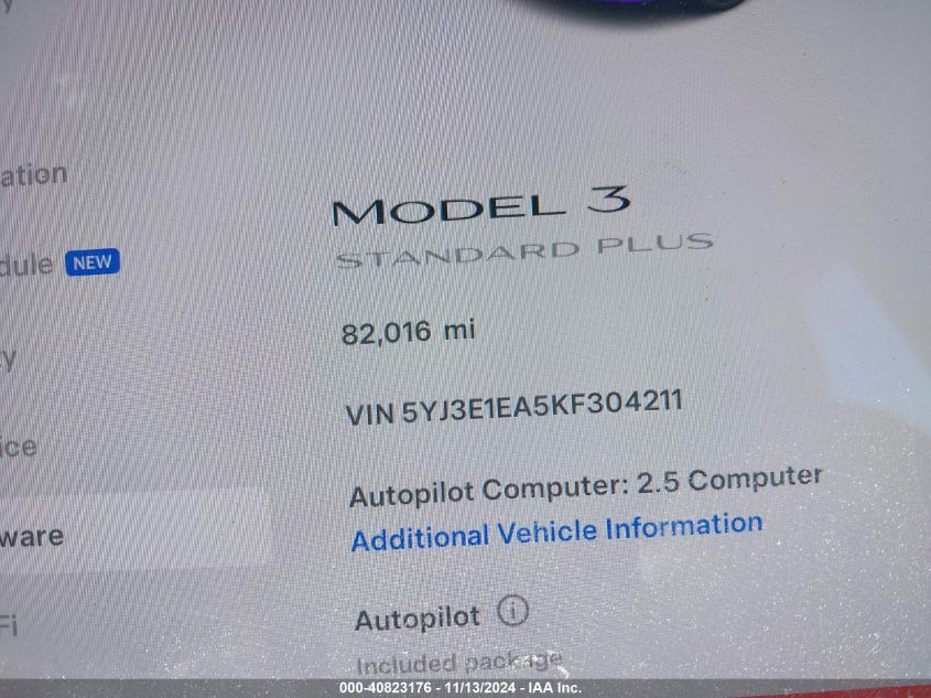 2019 Tesla Model 3 Long Range/Mid Range/Standard Range/Standard Range Plus VIN: 5YJ3E1EA5KF304211 Lot: 40823176