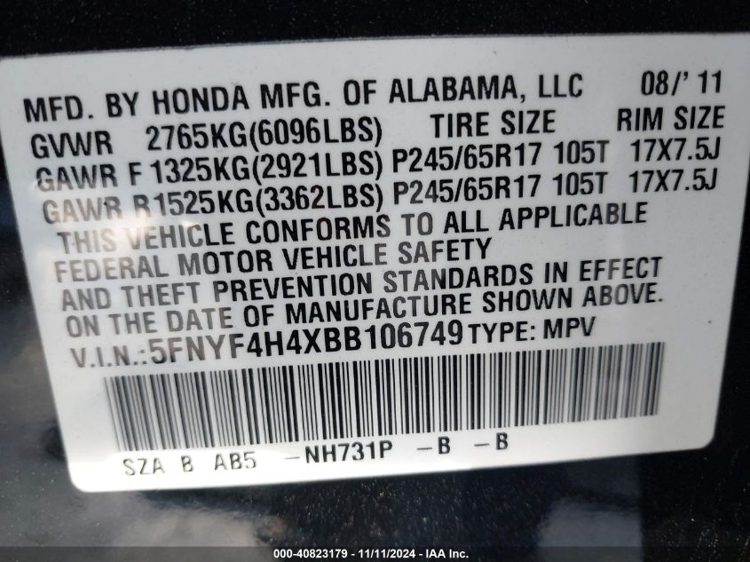 2011 Honda Pilot Ex VIN: 5FNYF4H4XBB106749 Lot: 40823179