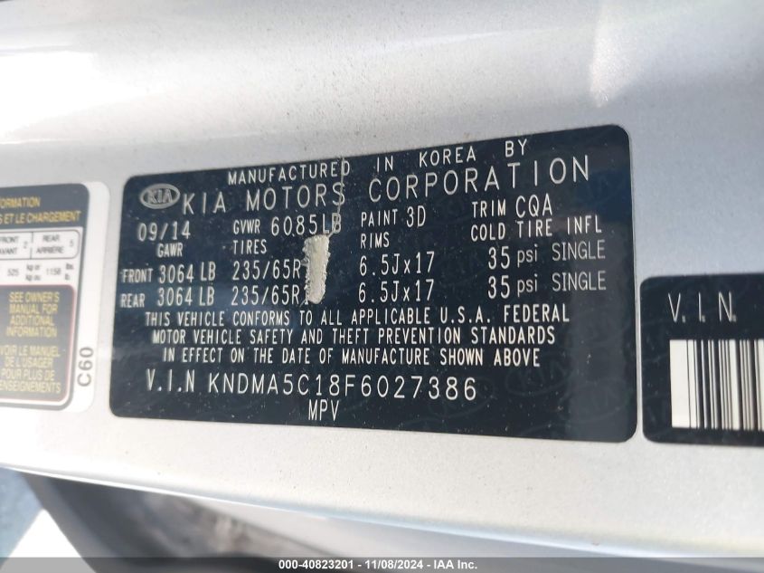 2015 Kia Sedona L VIN: KNDMA5C18F6027386 Lot: 40823201