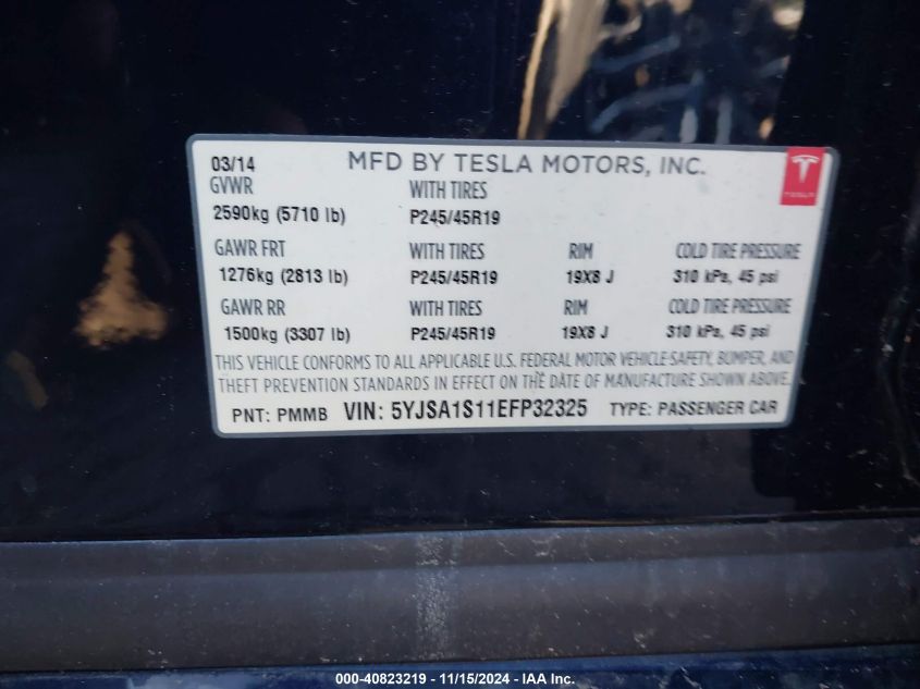 2014 Tesla Model S VIN: 5YJSA1S11EFP32325 Lot: 40823219