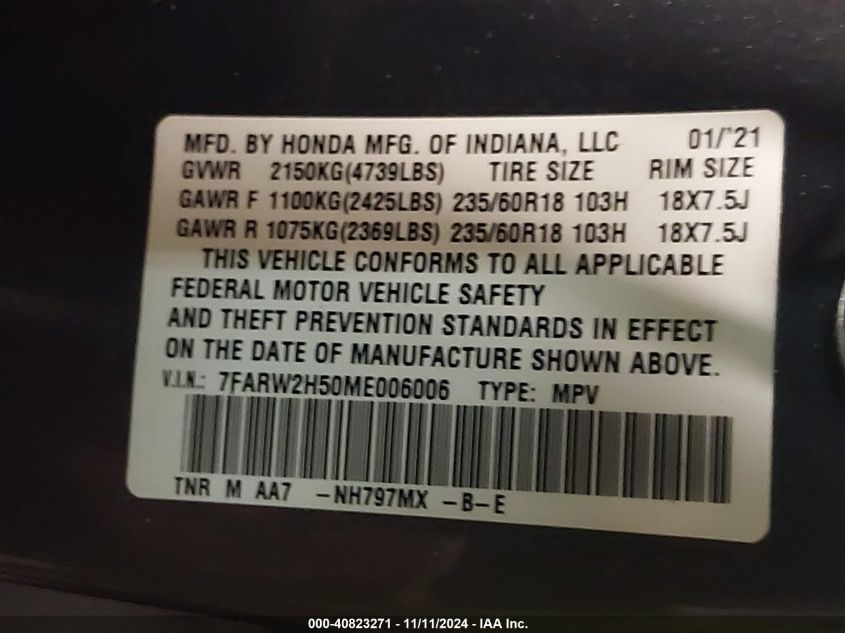 2021 Honda Cr-V Awd Ex VIN: 7FARW2H50ME006006 Lot: 40823271