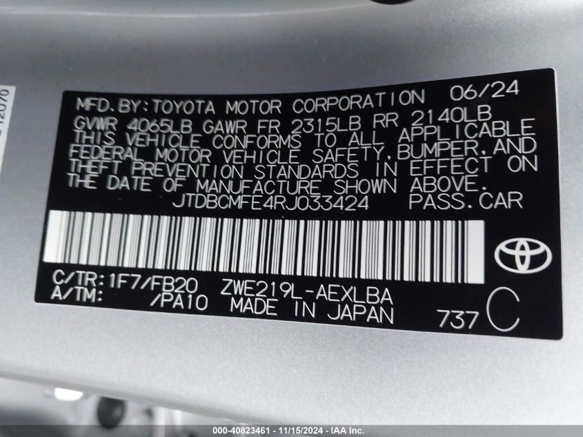 2024 Toyota Corolla Hybrid Le VIN: JTDBCMFE4RJ033424 Lot: 40823461