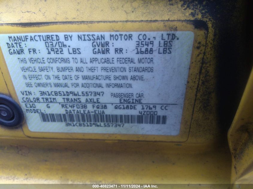 2006 Nissan Sentra 1.8/1.8S VIN: 3N1CB51D96L557347 Lot: 40823471